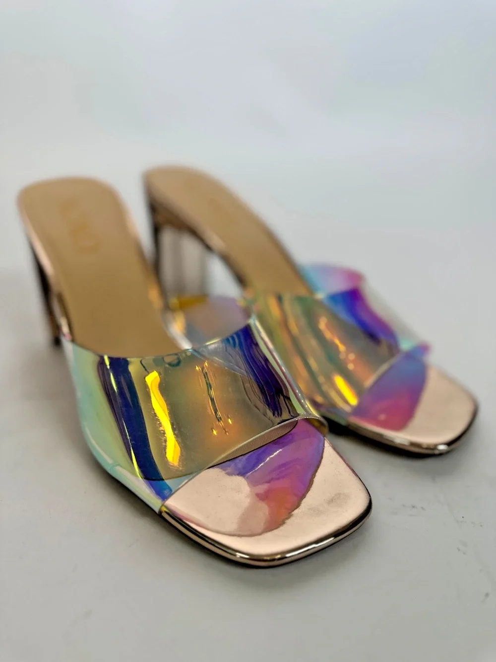 XOXO Iridescent Holographic Mule Heels Size 9 Metallic Square Toe Sandals